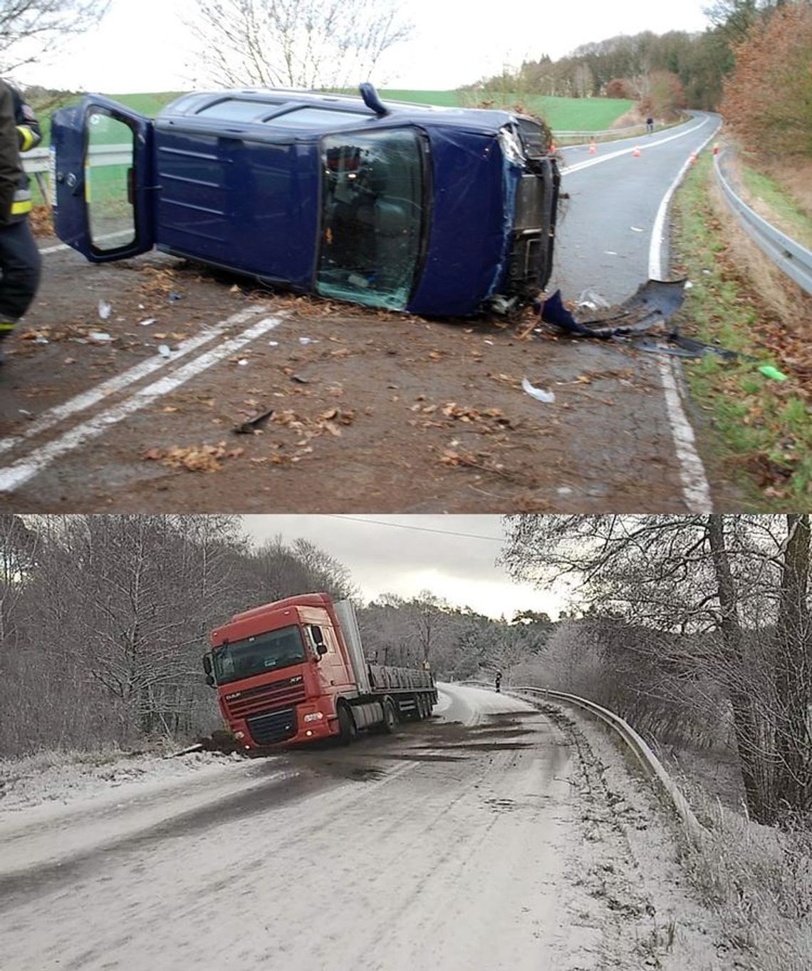 Jedno auto dachowało na zakręcie, drugie wypadło z drogi