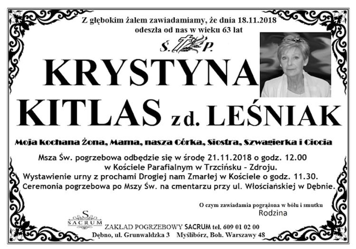 W najbliższą środę odbędzie się pogrzeb ś.p. Krystyny Kitlas