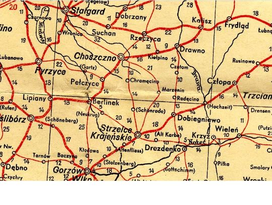 Mapa automobilowa z 1946 roku z nazwą Chojna.
